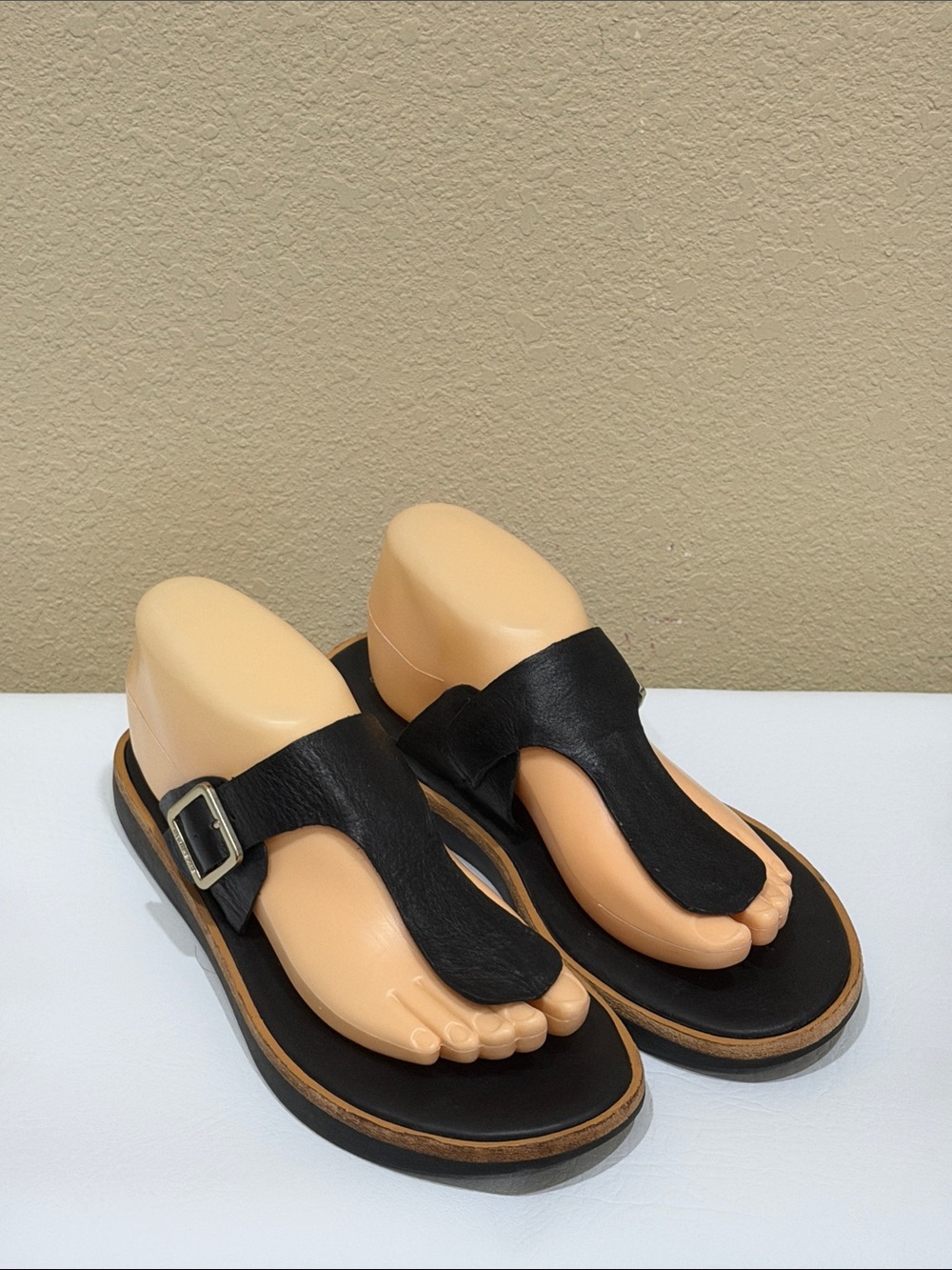 Kork-Ease Black Leather Toe-Post Sandals with Side Buckle
